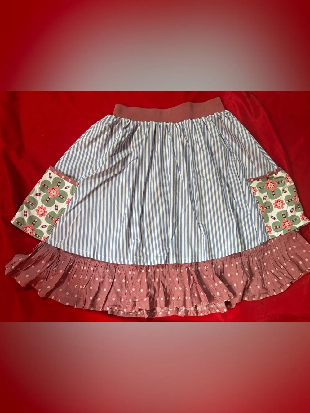 Matilda Jane Blue & Dusty Rose Striped Patchwork A-Line Skirt - Picture 1 of 5